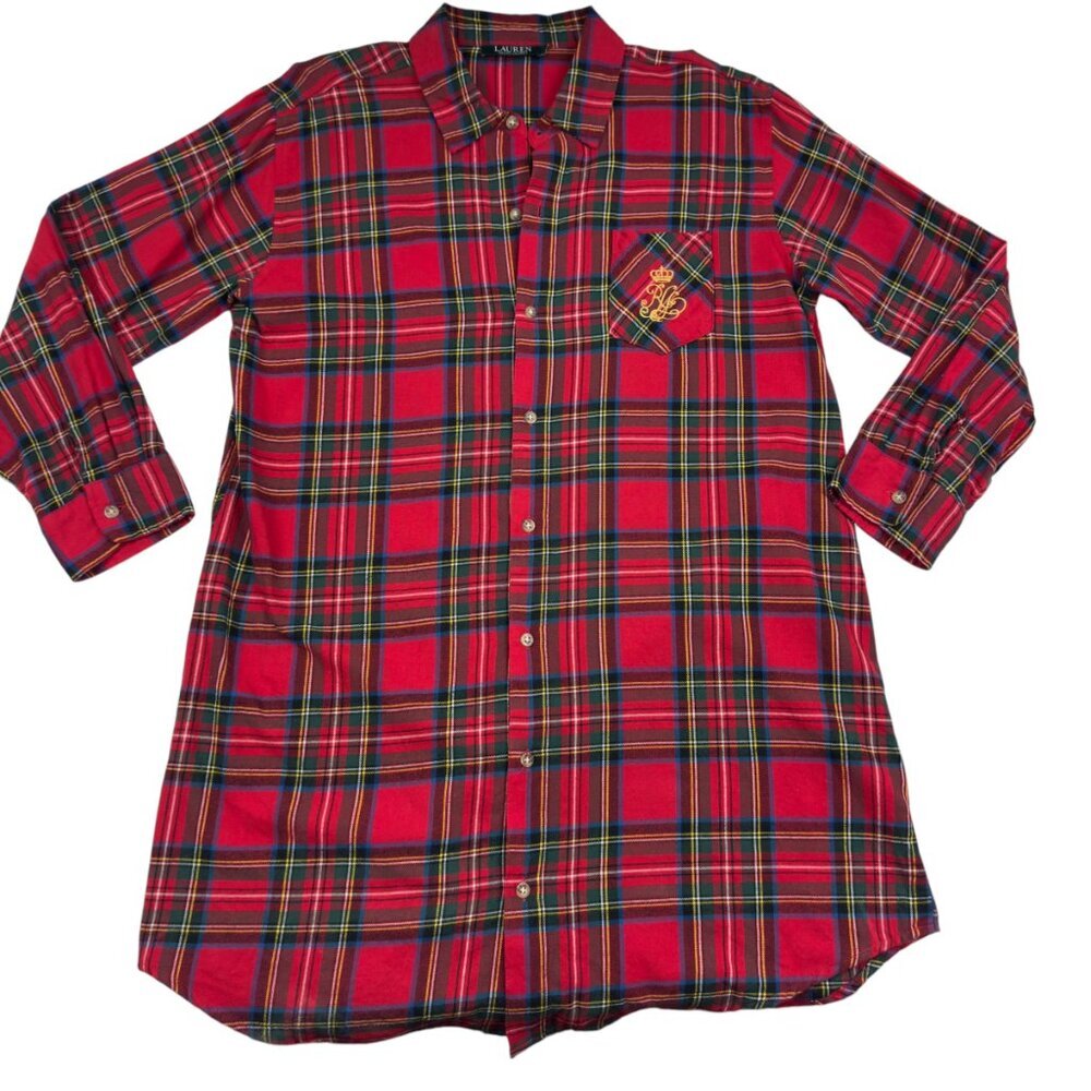 Lauren Ralph Lauren Flannel Plaid Embroidered Nightgown/Shirt Women's Size XL